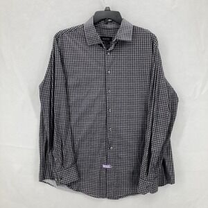 Bugatchi Shirt Mens XL Charcoal Gray Check OoohCotton Tech 8 Way Stretch Casual
